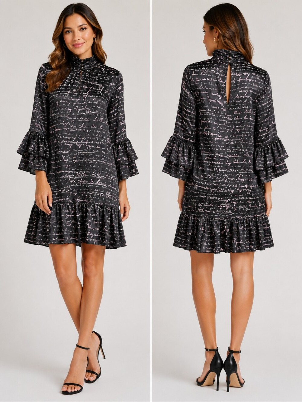 Cinq à Sept Love Note Script Print Ruffle Mock Neck Mini Dress Black Pink - Picture 11 of 11